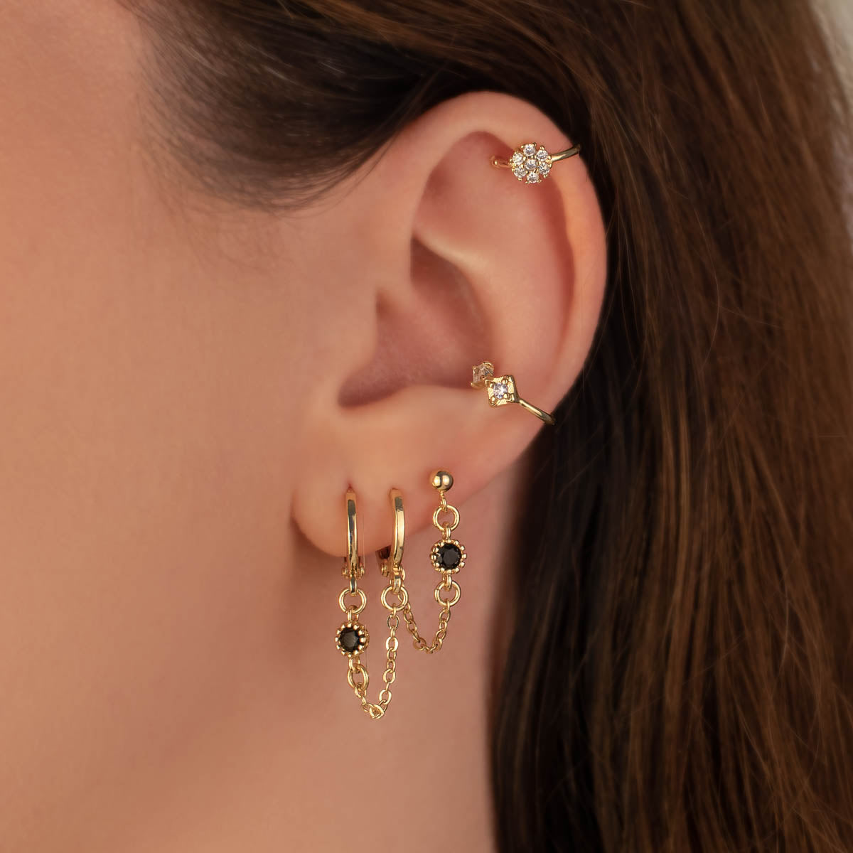 Alexandra Black Zircon Huggie Chain Earrings