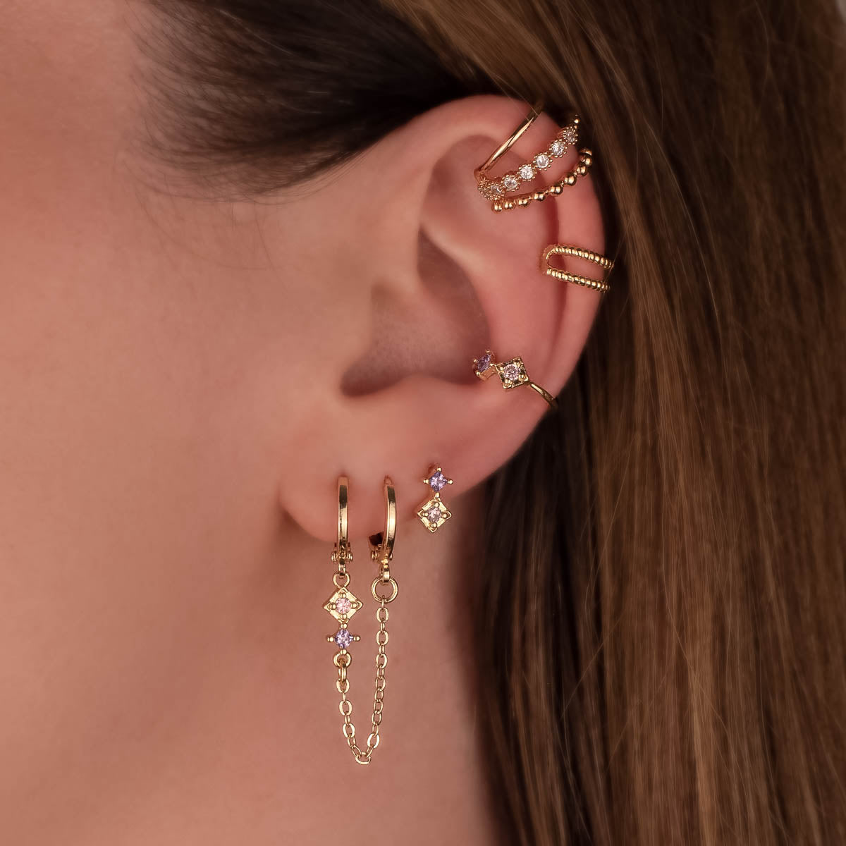 Mabel Pink and Purple Zircon Huggie Chain Earrings