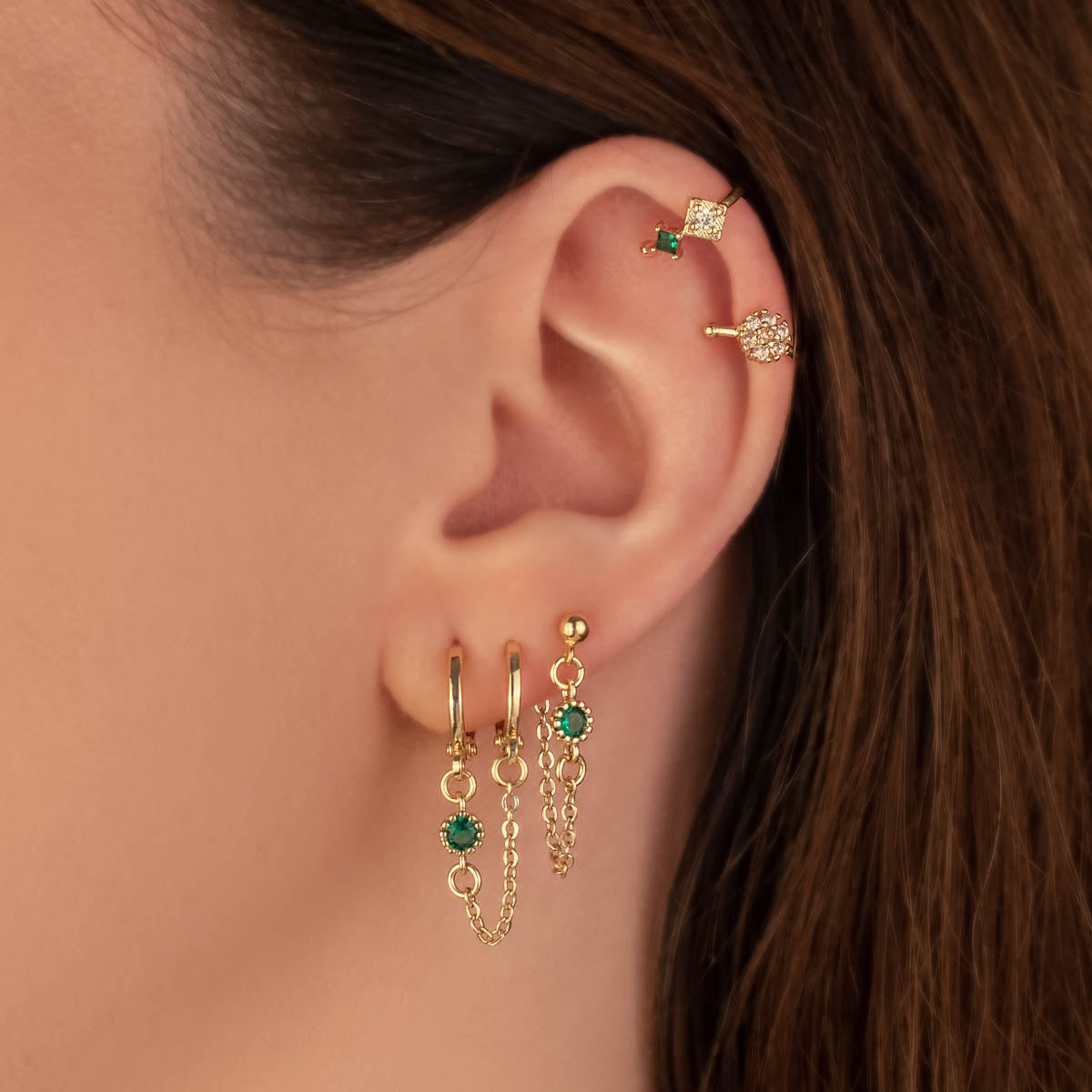 Natalia Green Zircon Huggie Chain Earrings