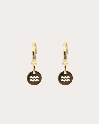 Aquarius Zodiac Disc Huggie Earrings - Gold Filled