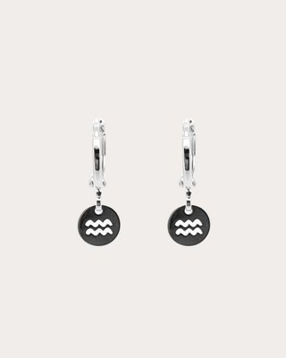 Aquarius Zodiac Disc Huggie Earrings - Sterling Silver