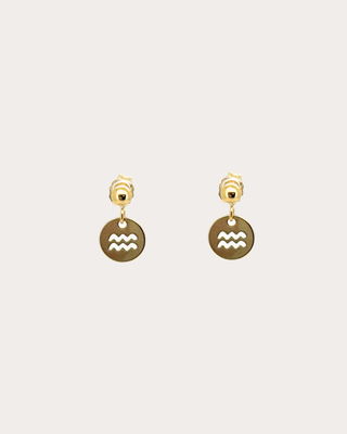 Aquarius Zodiac Disc Dangle Studs - Gold Filled