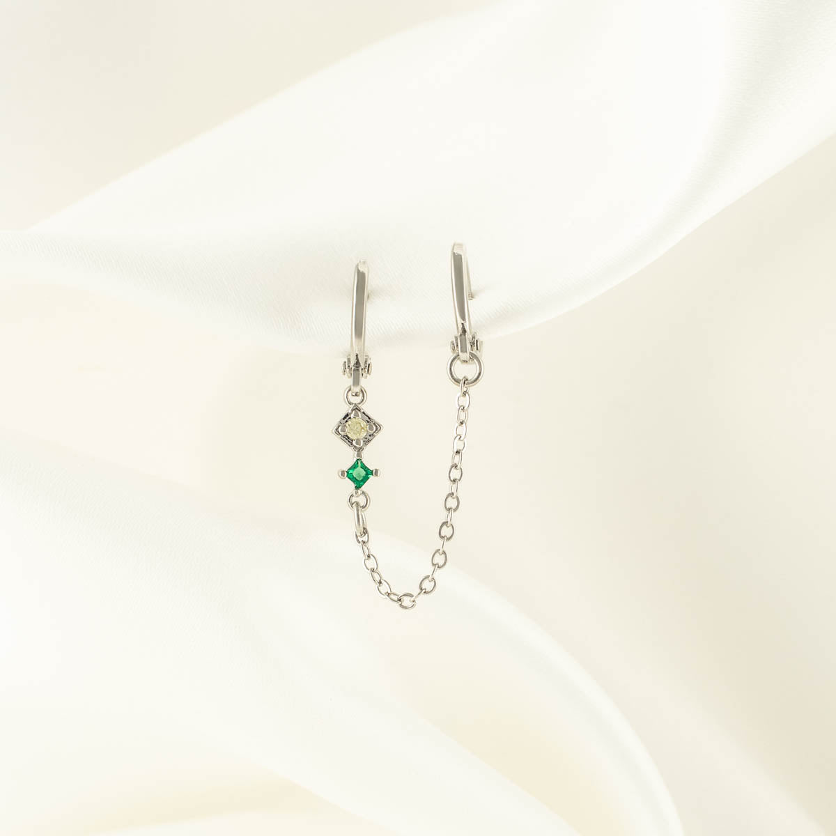 Hazel Green and Yellow Zircon Huggie Chain Earrings