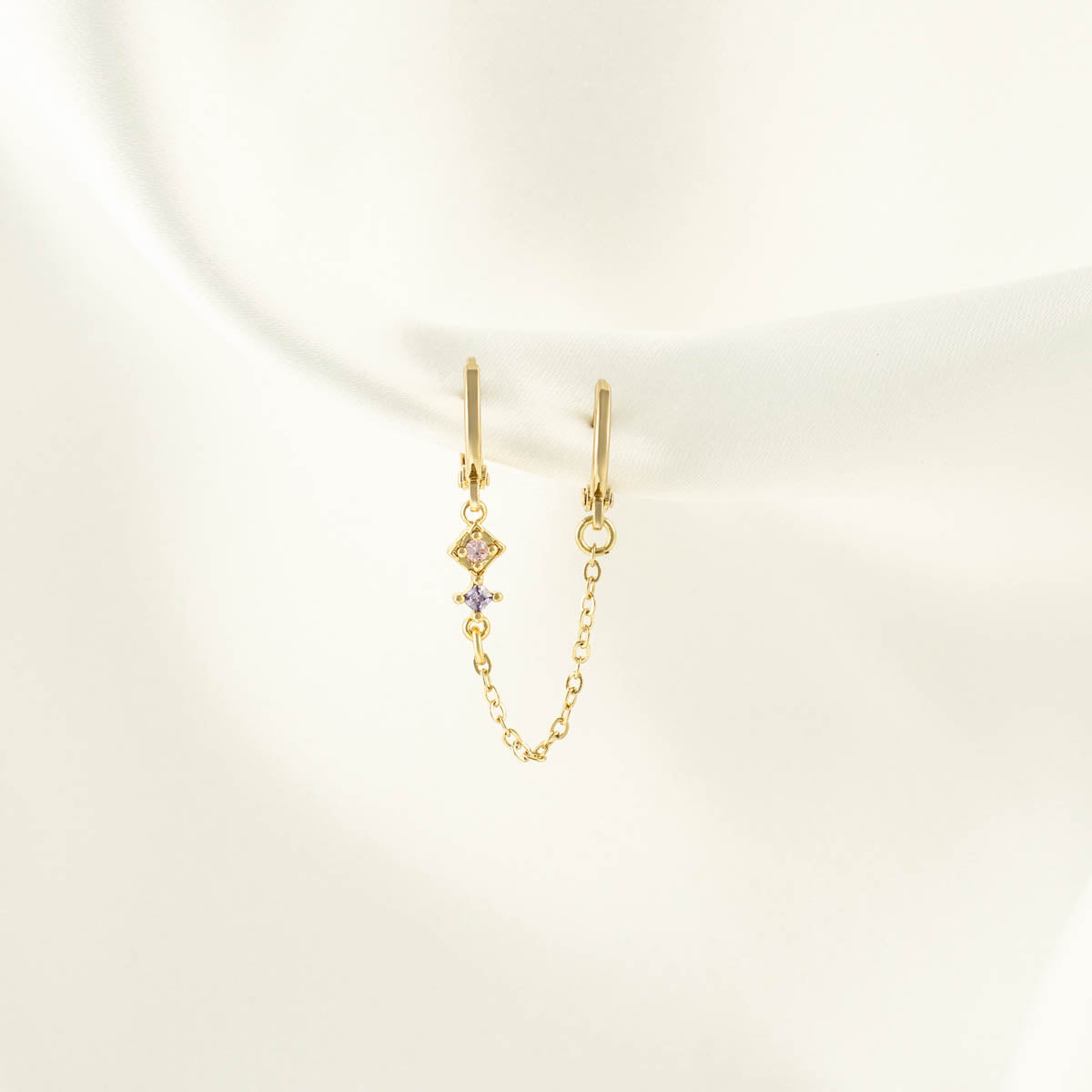 Mabel Pink and Purple Zircon Huggie Chain Earrings