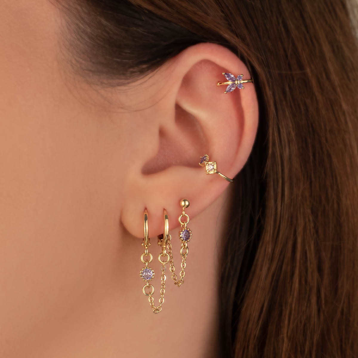 Violette Purple Zircon Huggie Chain Earrings